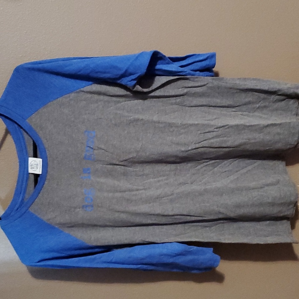 Dog is good grey and blue quarter sleeve shirt women's size large